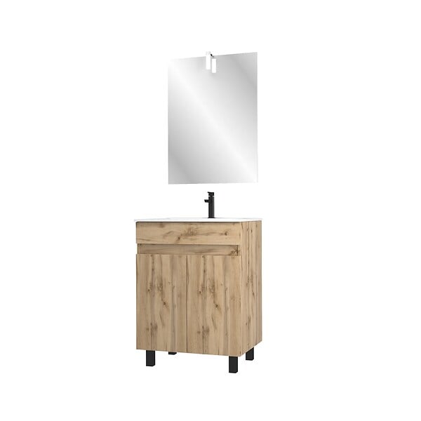 AURLANE - Pack Meuble SDB 60cm sur pieds 2 portes Chene_Vasque blanche + Miroir Led - TIMBER 60_Pack21 - large