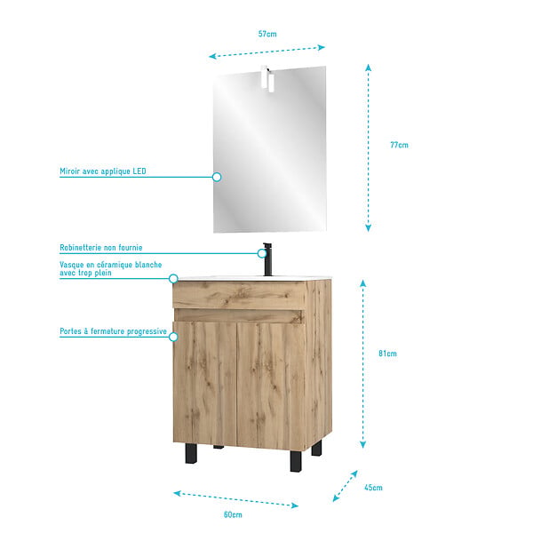 AURLANE - Pack Meuble SDB 60cm sur pieds 2 portes Chene_Vasque blanche + Miroir Led - TIMBER 60_Pack21 - large