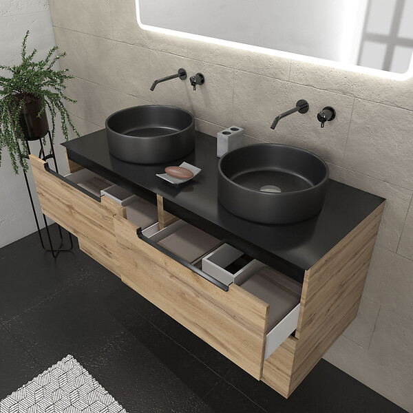 AURLANE - Meuble salle de bains 120cm Chene et noir, Vasques rondes Diam 36cm et Miroir Led 120x70 - OMEGA - large