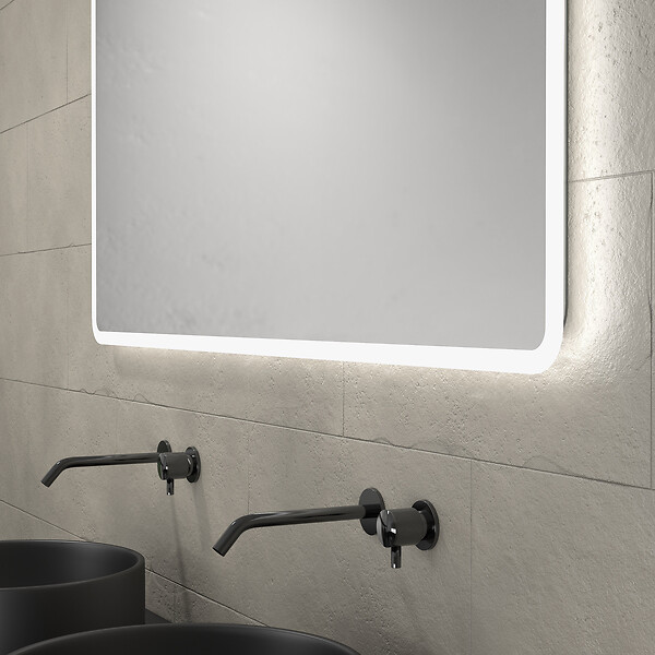 AURLANE - Meuble salle de bains 120cm Chene et noir, Vasques rondes Diam 36cm et Miroir Led 120x70 - OMEGA - large