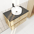AURLANE - Meuble salle de bains 80cm Chêne Naturel 2 Tiroirs - Plan Effet Marbre Noir + Vasque Ronde Blanche - vignette