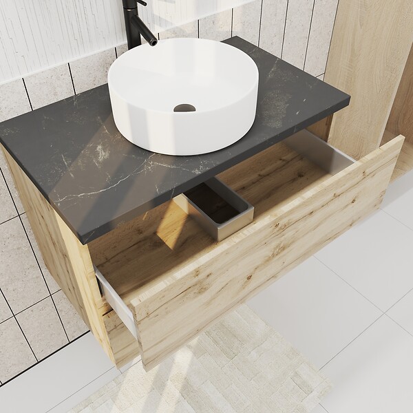 AURLANE - Meuble salle de bains 80cm Chêne Naturel 2 Tiroirs - Plan Effet Marbre Noir + Vasque Ronde Blanche - large