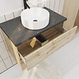 AURLANE - Meuble salle de bains 80cm Chêne Naturel 2 Tiroirs - Plan Effet Marbre Noir + Vasque Ronde Blanche - vignette