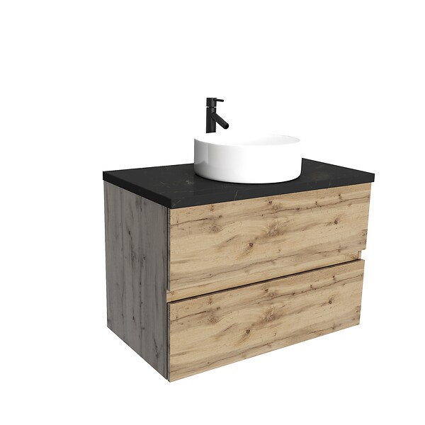 AURLANE - Meuble salle de bains 80cm Chêne Naturel 2 Tiroirs - Plan Effet Marbre Noir + Vasque Ronde Blanche - large