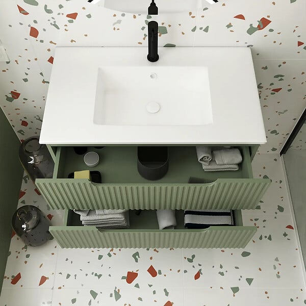AURLANE - Meuble de Salle de Bains LEON 80cm Vert Olive - 2 Tiroirs en MDF Ondulés - Vasque à encastrer - large