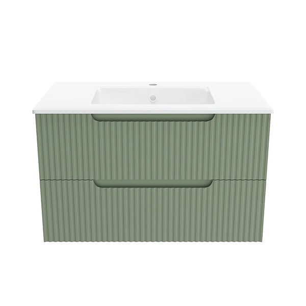 AURLANE - Meuble de Salle de Bains LEON 80cm Vert Olive - 2 Tiroirs en MDF Ondulés - Vasque à encastrer - large