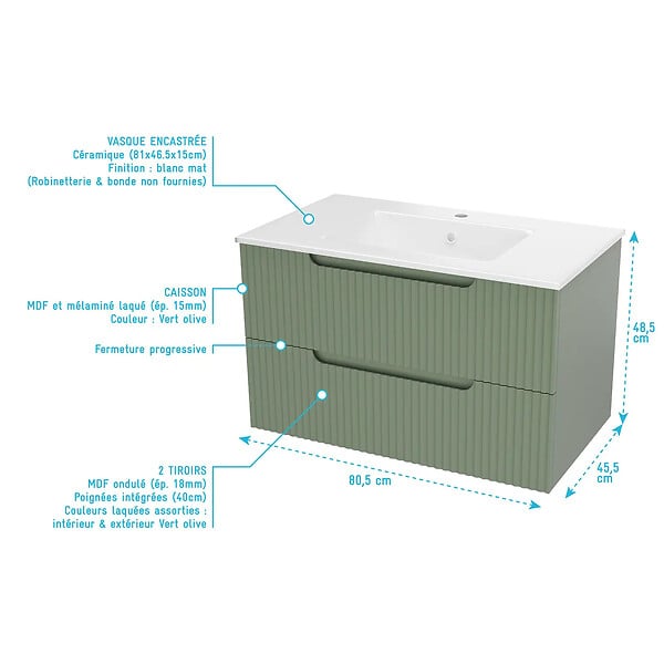 AURLANE - Meuble de Salle de Bains LEON 80cm Vert Olive - 2 Tiroirs en MDF Ondulés - Vasque à encastrer - large