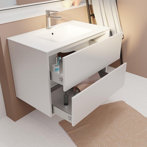 AURLANE - Pack Meuble Salle de Bains 80 cm Laqué Blanc, 2 tiroirs avec Vasque Céramique - XENOS - large