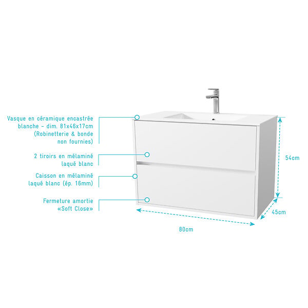 AURLANE - Pack Meuble Salle de Bains 80 cm Laqué Blanc, 2 tiroirs avec Vasque Céramique - XENOS - large