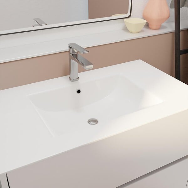AURLANE - Pack Meuble Salle de Bains 80 cm Laqué Blanc, 2 tiroirs avec Vasque Céramique - XENOS - large