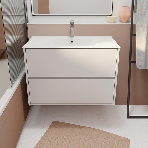 AURLANE - Pack Meuble Salle de Bains 80 cm Laqué Blanc, 2 tiroirs avec Vasque Céramique - XENOS - large