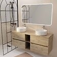 AURLANE - Meuble Salle de Bains 140 TIMBER Décor Chêne 4 Tiroirs et Module Vasques Blanches Miroir LED 120x70 - vignette