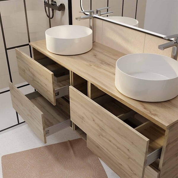 AURLANE - Meuble Salle de Bains 140 TIMBER Décor Chêne 4 Tiroirs et Module Vasques Blanches Miroir LED 120x70 - large