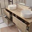 AURLANE - Meuble Salle de Bains 140 TIMBER Décor Chêne 4 Tiroirs et Module Vasques Blanches Miroir LED 120x70 - vignette