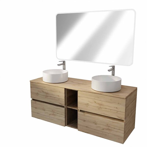 AURLANE - Meuble Salle de Bains 140 TIMBER Décor Chêne 4 Tiroirs et Module Vasques Blanches Miroir LED 120x70 - large