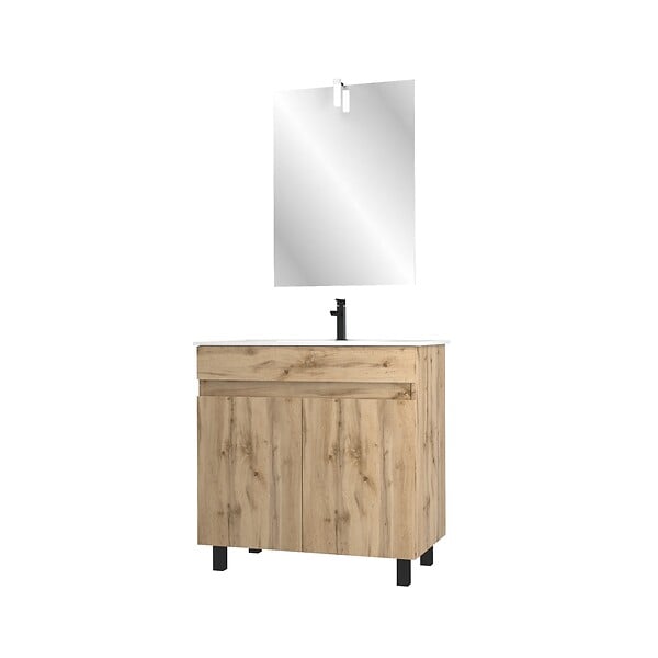 AURLANE - Meuble salle de bain 80x80 -Finition chene naturel + vasque blanche + miroir Led- TIMBER 80 - Pack27 - large