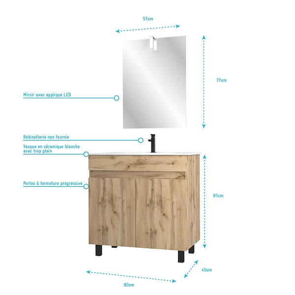 AURLANE - Meuble salle de bain 80x80 -Finition chene naturel + vasque blanche + miroir Led- TIMBER 80 - Pack27 - large