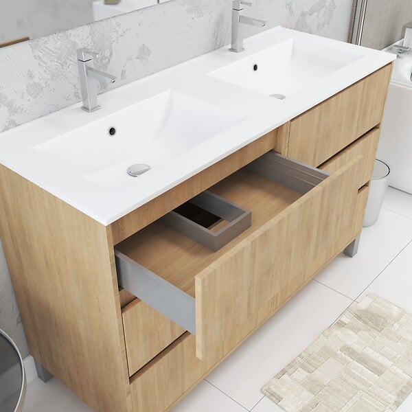 AURLANE - Meuble Salle de Bains 120 cm Chêne Clair 6 Tiroirs, Vasque, Miroirs 60x80 et Réglettes Led - XENOS - large