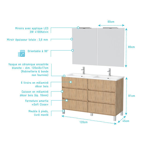 AURLANE - Meuble Salle de Bains 120 cm Chêne Clair 6 Tiroirs, Vasque, Miroirs 60x80 et Réglettes Led - XENOS - large