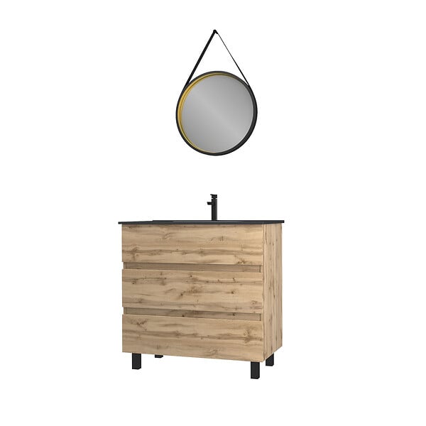 AURLANE - Pack Meuble SDB 80cm sur pieds 3 tiroirs Chene_Vasque noire + Miroir Barber - TIMBER 80_Pack44 - large