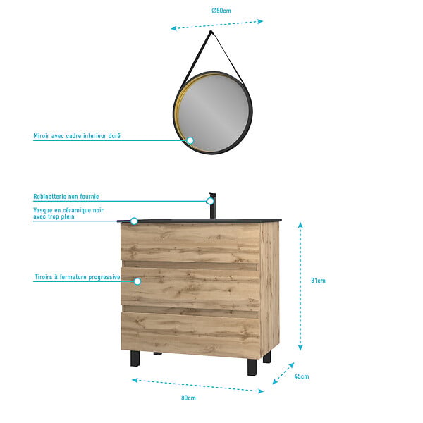 AURLANE - Pack Meuble SDB 80cm sur pieds 3 tiroirs Chene_Vasque noire + Miroir Barber - TIMBER 80_Pack44 - large