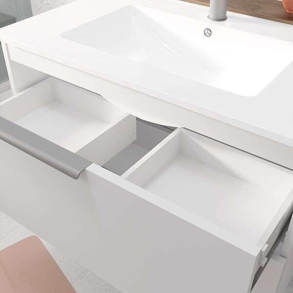 AURLANE - Meuble de Salle de Bains 80cm Suspendu Blanc 2 Tiroirs - Vasque Blanche - ELEMENTARY - large