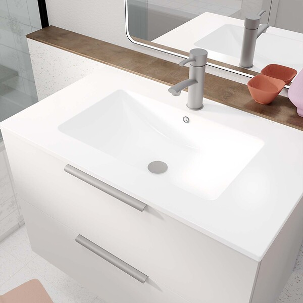 AURLANE - Meuble de Salle de Bains 80cm Suspendu Blanc 2 Tiroirs - Vasque Blanche - ELEMENTARY - large