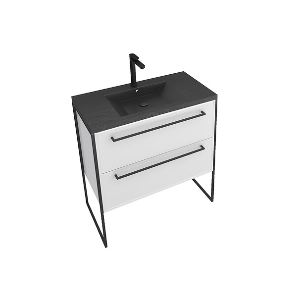 AURLANE - Meuble de salle de bain 80x50cm Blanc - 2 tiroirs blanc - vasque resine noire effet pierre - large
