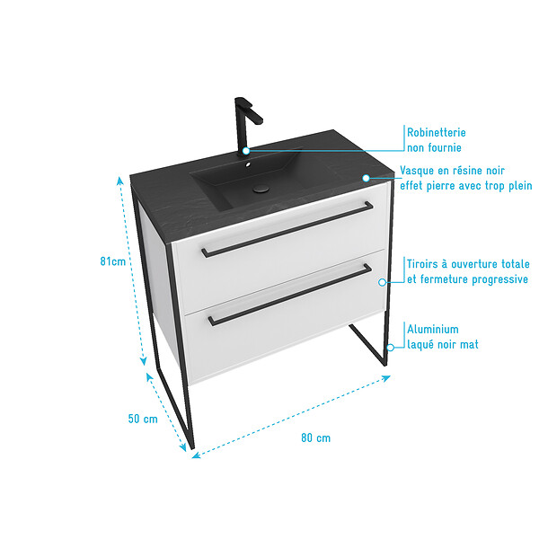 AURLANE - Meuble de salle de bain 80x50cm Blanc - 2 tiroirs blanc - vasque resine noire effet pierre - large