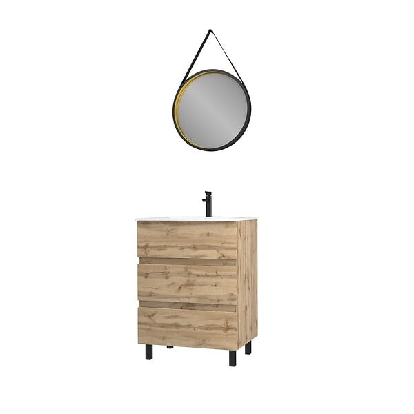 AURLANE - Pack Meuble SDB 60cm sur pieds 3 tiroirs Chene_Vasque blanche + Miroir Barber - TIMBER 60 - large