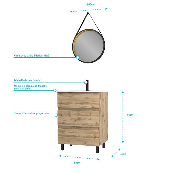 AURLANE - Pack Meuble SDB 60cm sur pieds 3 tiroirs Chene_Vasque blanche + Miroir Barber - TIMBER 60 - large