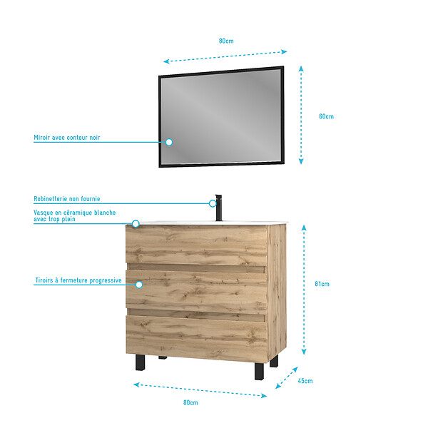 AURLANE - Meuble salle de bain 80x60 - Finition chene naturel + vasque blanche + miroir - TIMBER 80 - Pack 45 - large