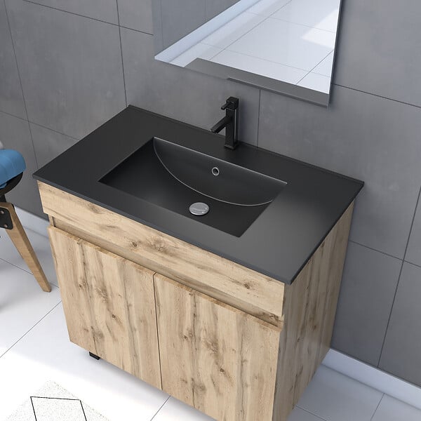 AURLANE - Pack Meuble SDB 80cm sur pieds 2 portes Chene_Vasque noire + Miroir Led - TIMBER 80_Pack23 - large