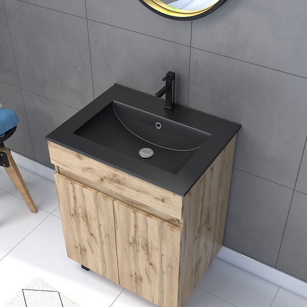 AURLANE - Pack Meuble SDB 60cm sur pieds 2 portes Chene_Vasque noire + Miroir Barber - TIMBER 60_Pack20 - large