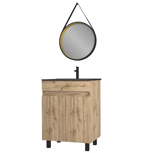 AURLANE - Pack Meuble SDB 60cm sur pieds 2 portes Chene_Vasque noire + Miroir Barber - TIMBER 60_Pack20 - large