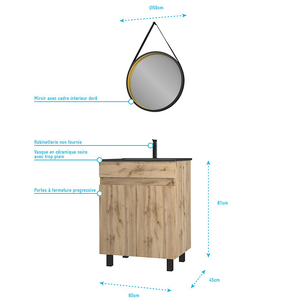 AURLANE - Pack Meuble SDB 60cm sur pieds 2 portes Chene_Vasque noire + Miroir Barber - TIMBER 60_Pack20 - large