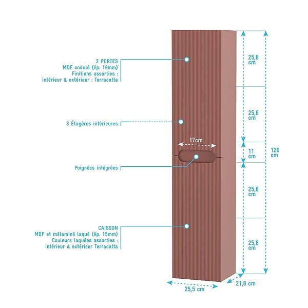 AURLANE - Meuble et colonne de Salle de Bains LEON 80cm Terracotta - Façades Ondulées - Vasque Blanche Mate - large