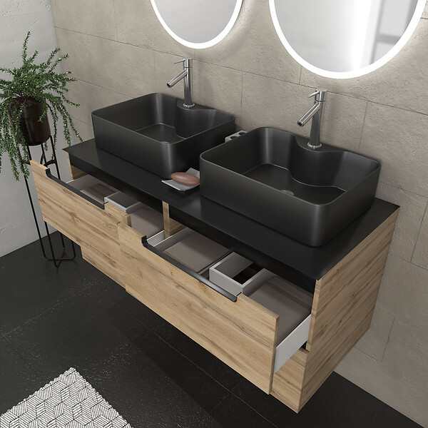 AURLANE - Meuble salle de bains 120cm Chene et noir, Vasques rectangulaires et Miroirs Led Diam 50cm - OMEGA - large