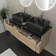AURLANE - Meuble salle de bains 120cm Chene et noir, Vasques rectangulaires et Miroirs Led Diam 50cm - OMEGA - vignette