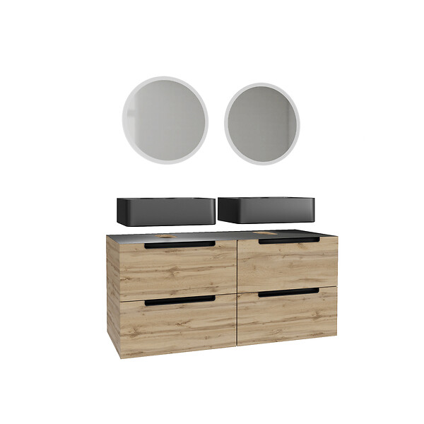 AURLANE - Meuble salle de bains 120cm Chene et noir, Vasques rectangulaires et Miroirs Led Diam 50cm - OMEGA - large