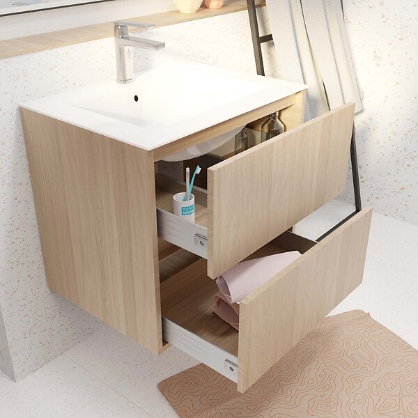 AURLANE - Pack Meuble Salle de Bains 60 cm Chêne Clair, 2 tiroirs avec Vasque Céramique - XENOS - large