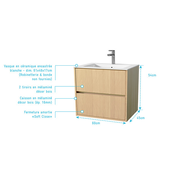 AURLANE - Pack Meuble Salle de Bains 60 cm Chêne Clair, 2 tiroirs avec Vasque Céramique - XENOS - large