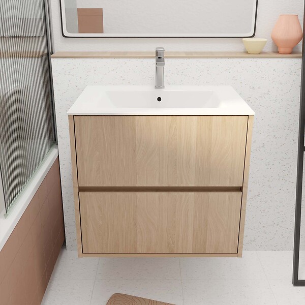 AURLANE - Pack Meuble Salle de Bains 60 cm Chêne Clair, 2 tiroirs avec Vasque Céramique - XENOS - large