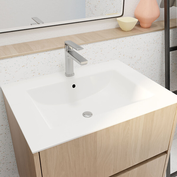AURLANE - Pack Meuble Salle de Bains 60 cm Chêne Clair, 2 tiroirs avec Vasque Céramique - XENOS - large