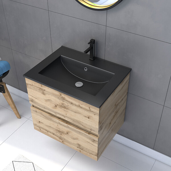 AURLANE - Meuble salle de bain 60x54 -Finition chene naturel + vasque noire + miroir barber-TIMBER 60 - Pack30 - large
