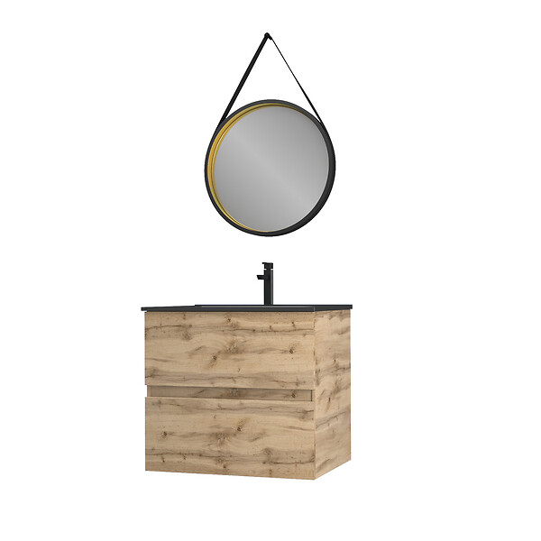 AURLANE - Meuble salle de bain 60x54 -Finition chene naturel + vasque noire + miroir barber-TIMBER 60 - Pack30 - large