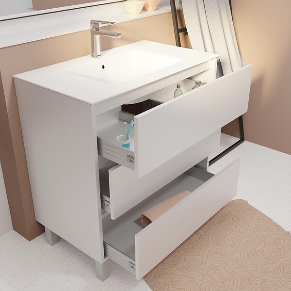 AURLANE - Pack Meuble Salle de Bains 80 cm Laqué Blanc, 3 tiroirs avec Vasque Céramique - XENOS - large