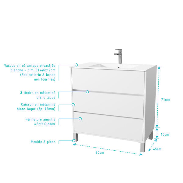 AURLANE - Pack Meuble Salle de Bains 80 cm Laqué Blanc, 3 tiroirs avec Vasque Céramique - XENOS - large