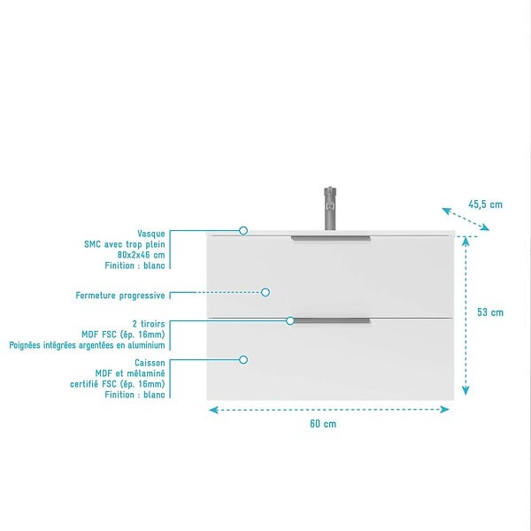 AURLANE - Meuble de Salle de Bains 60cm Suspendu Blanc 2 Tiroirs - Vasque Blanche - ELEMENTARY - large