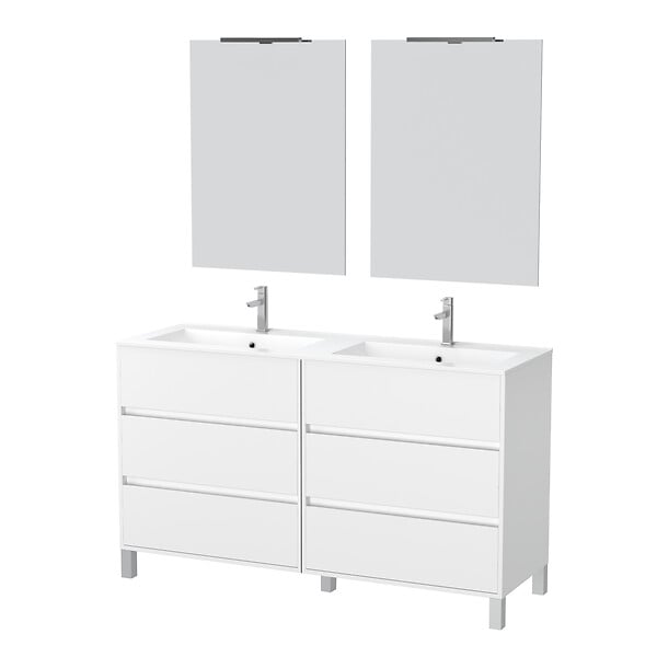 AURLANE - Meuble Salle de Bains 120 cm Laqué Blanc 6 Tiroirs, Vasque, Miroirs 60x80 et Réglettes Led - XENOS - large